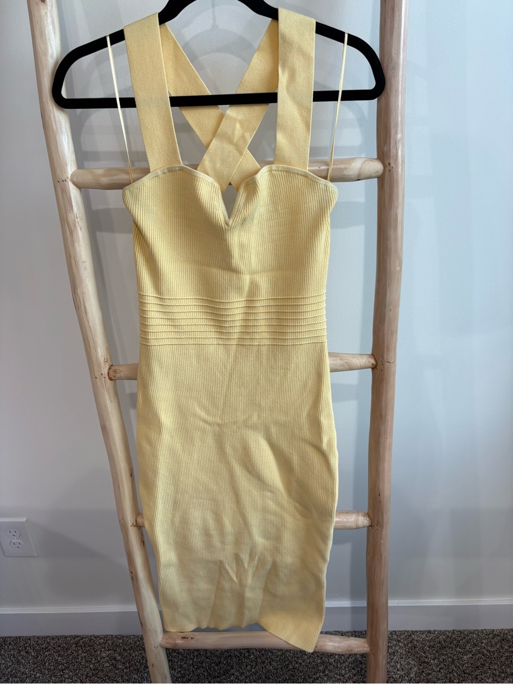 Express Yellow Ribbed Bodycon Dress with Cross Back Straps